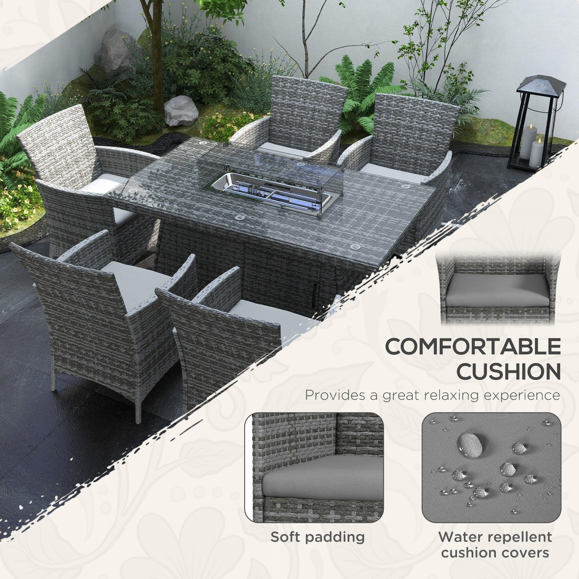 7 Pieces Outdoor Rattan Garden Furniture with Fire Pit Table, 6 Seater Garden Table and Chairs with Cushions, Rattan Dining Set with Propane Heater Table, Windscreen, 50,000 BTU, Grey - Bobobiy