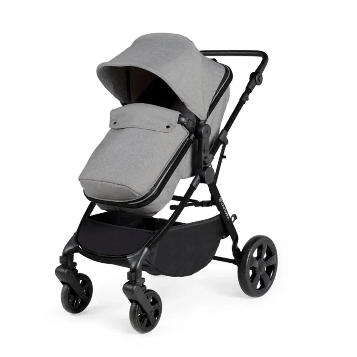 Space grey stroller with canopy and padded seat; black wheels and dark underbasket