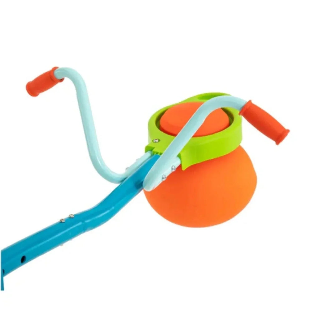 Orange soft impact ball seat with green top and blue seesaw frame