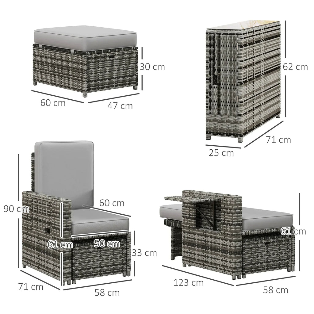 Rattan Sun Lounger w/ Storage Tea Table & Footstools, Grey - Bobobiy