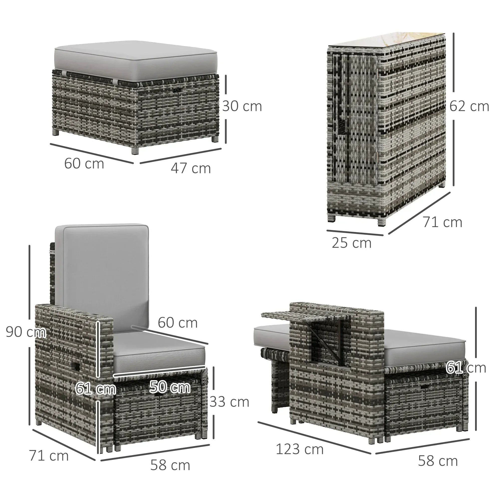 Rattan Sun Lounger w/ Storage Tea Table & Footstools, Grey - Bobobiy