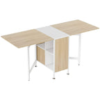 Foldable drop-leaf dining table with oak top, white frame, and open storage shelves