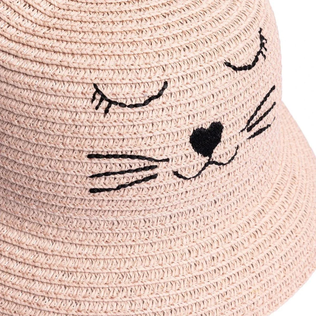 Light pink straw baby hat close-up: cat whiskers and heart-shaped nose