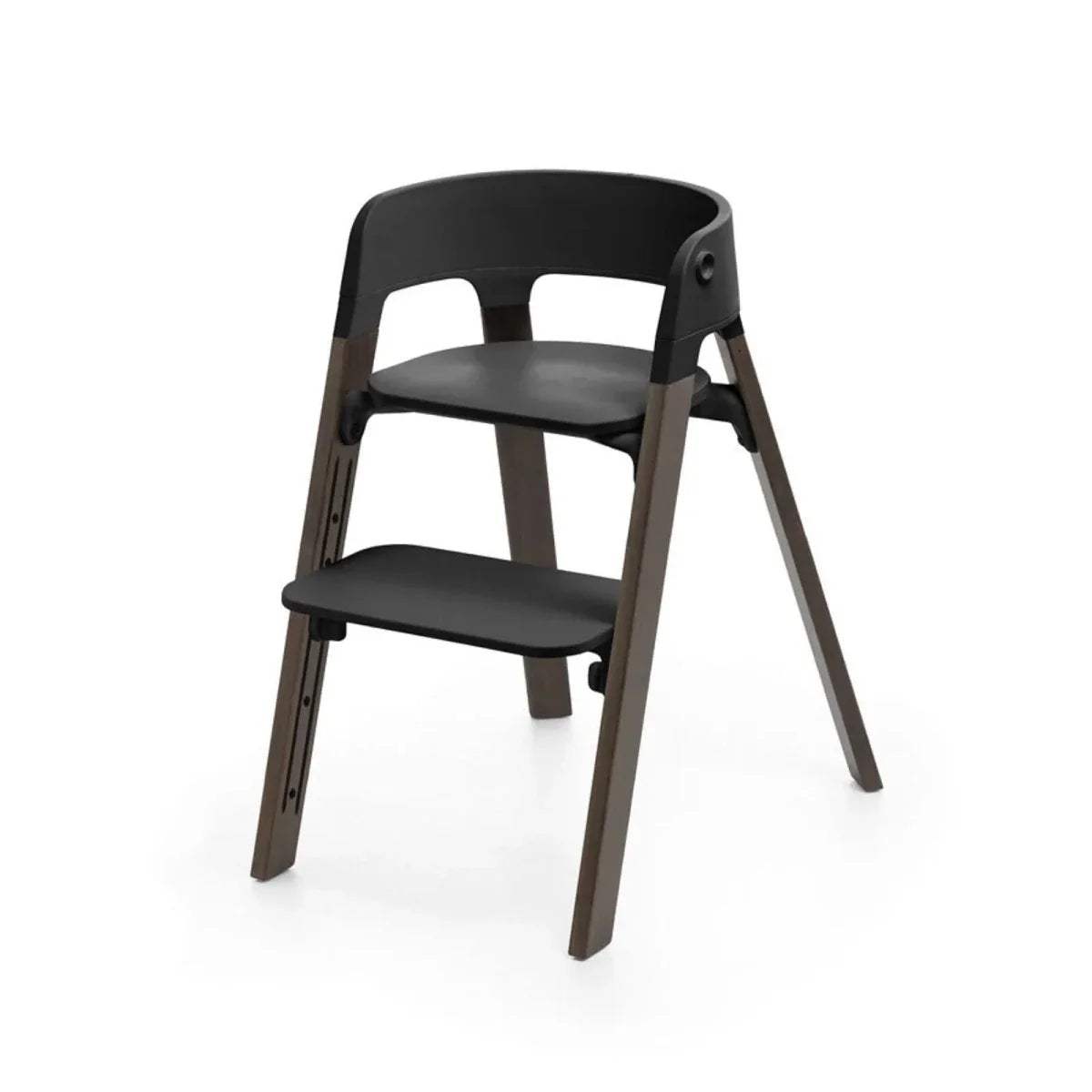 Black highchair with two-tier seat, rounded back, and warm brown wooden legs