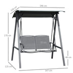 Two-seat outdoor swing bench with dark grey canopy and texteline seat/back