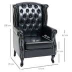 Black wingback accent chair with tufted back and nailhead trim, size dimensions shown