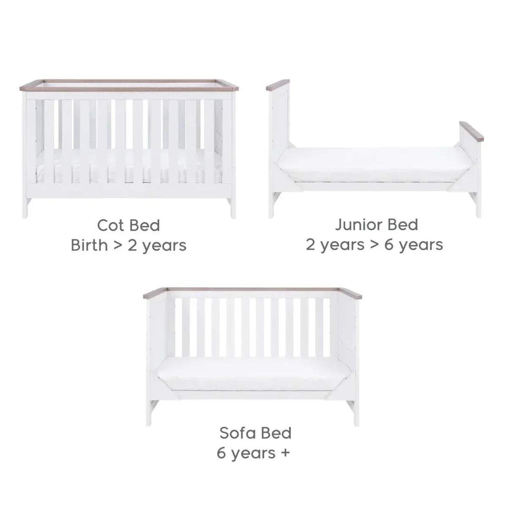 White bed set showing cot, junior bed, and sofa bed layouts with oak top rails