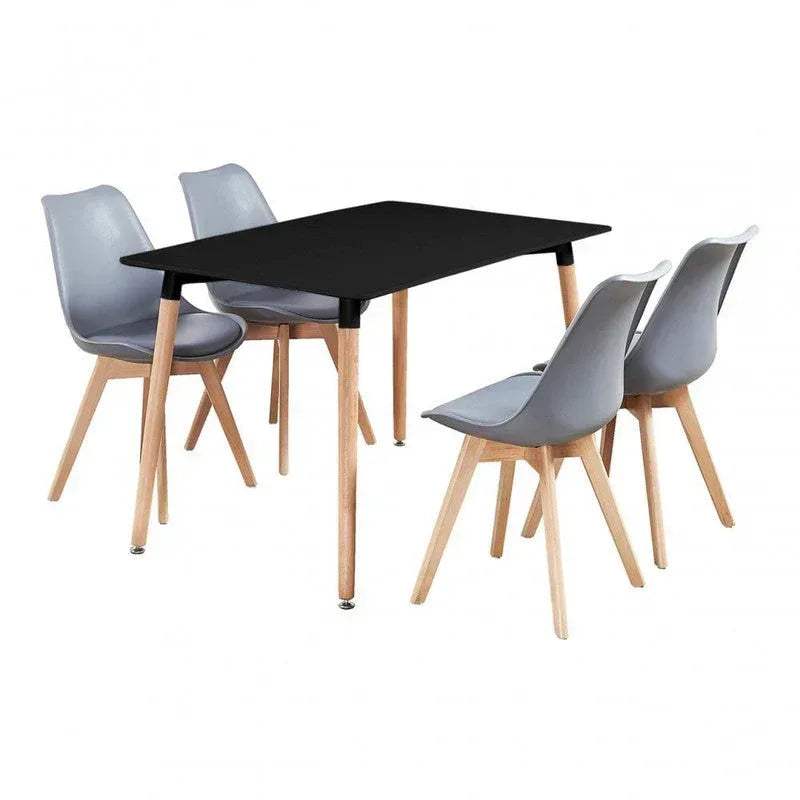 Dining table and 4 chairs set with black tabletop, gray upholstered seats, light wood legs
