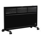 Black free-standing convector radiator with vented front and caster wheels