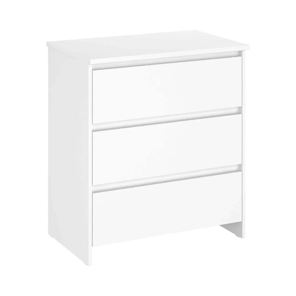White baby changing unit with three storage shelves and top changing rail