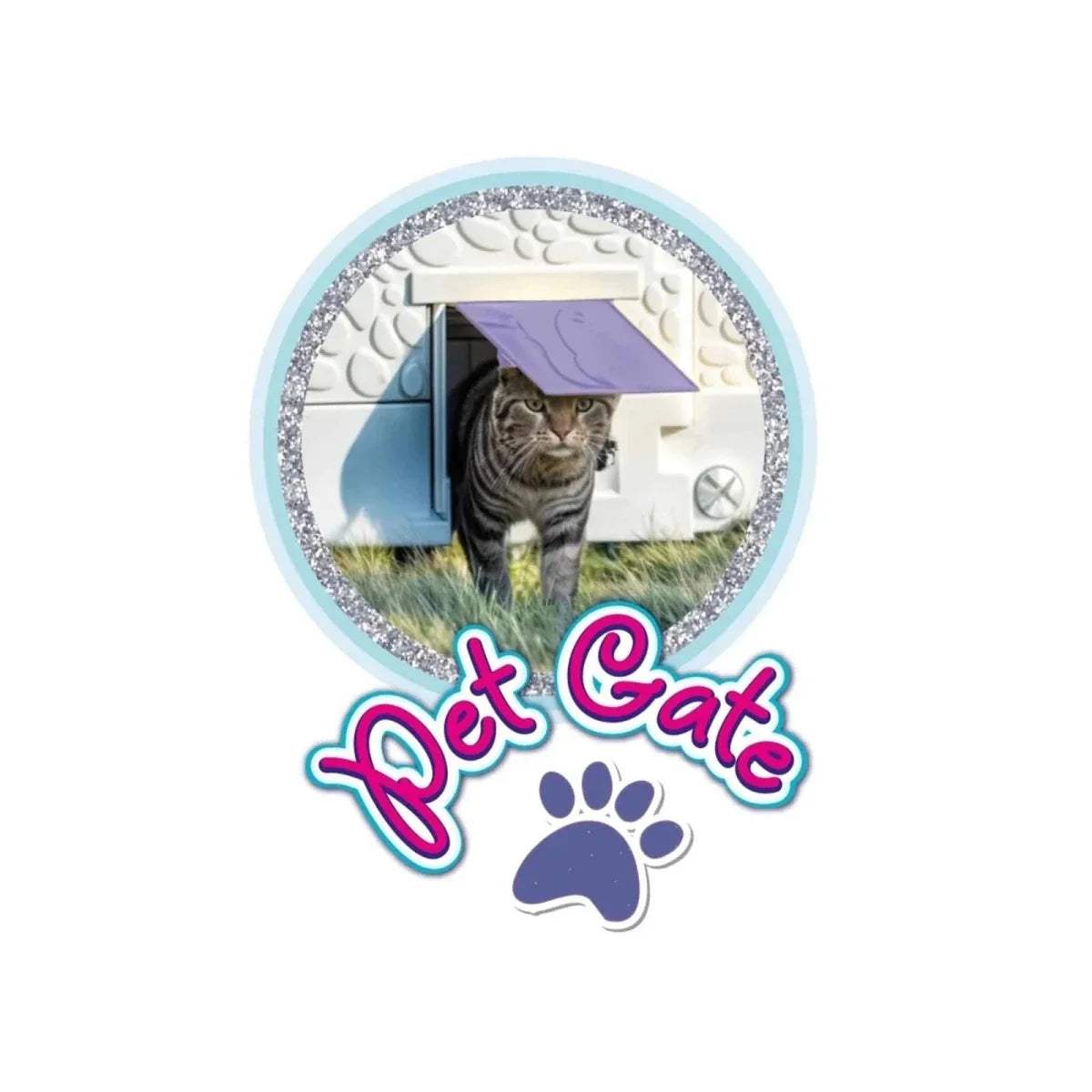 Cat gate-themed circular badge graphic with paw prints and purple text