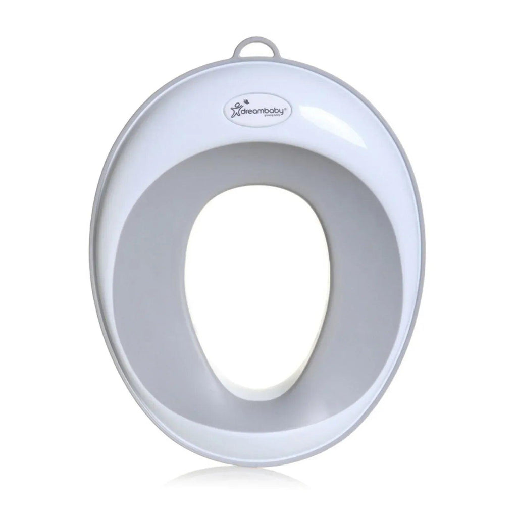 White and gray toilet trainer seat with oval cutout and carry handle