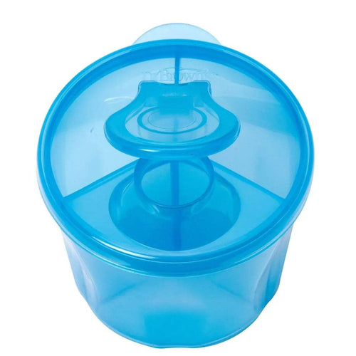 Blue milk powder dispenser with round flip lid and central dispensing insert
