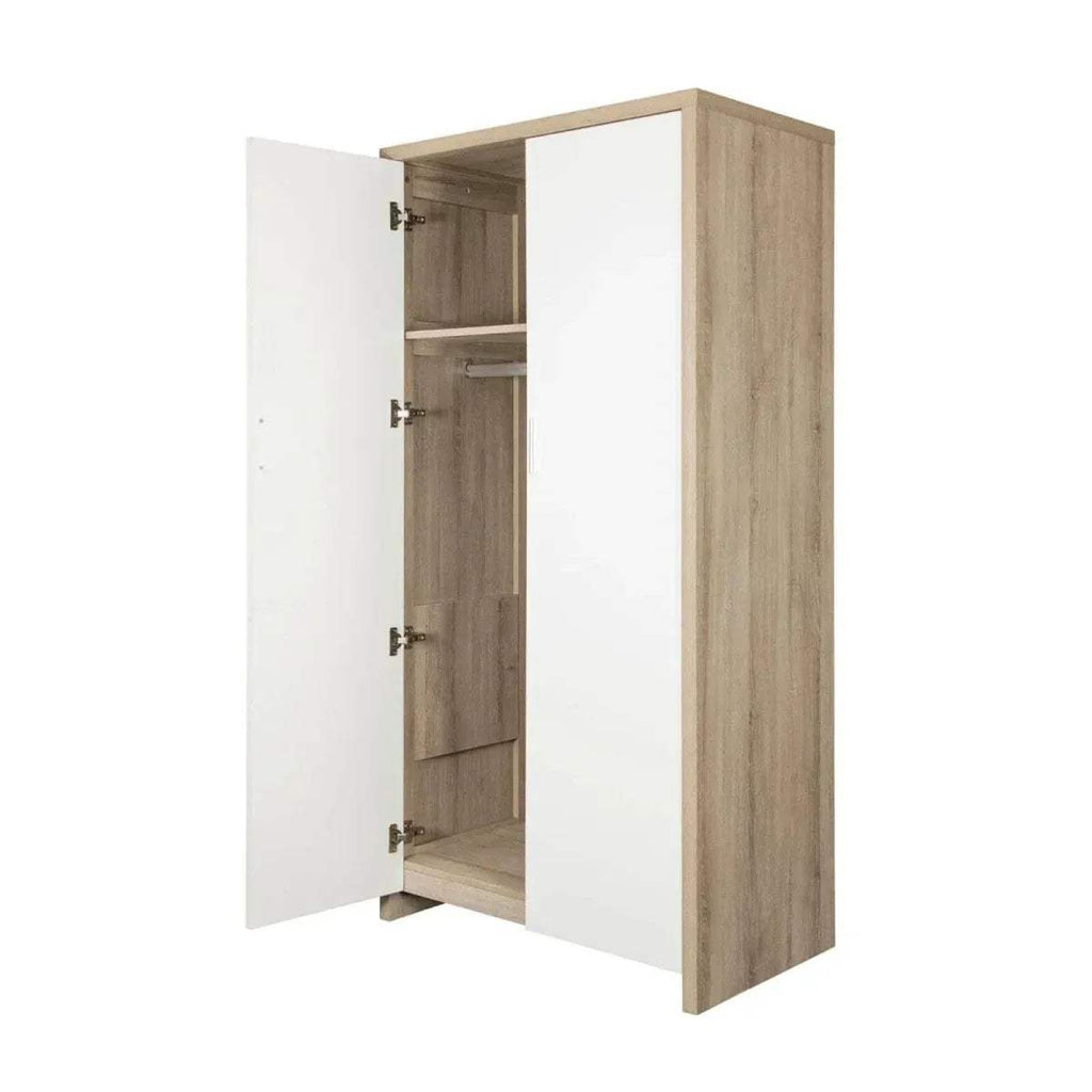 Oak and white wardrobe cabinet with open doors and adjustable shelving
