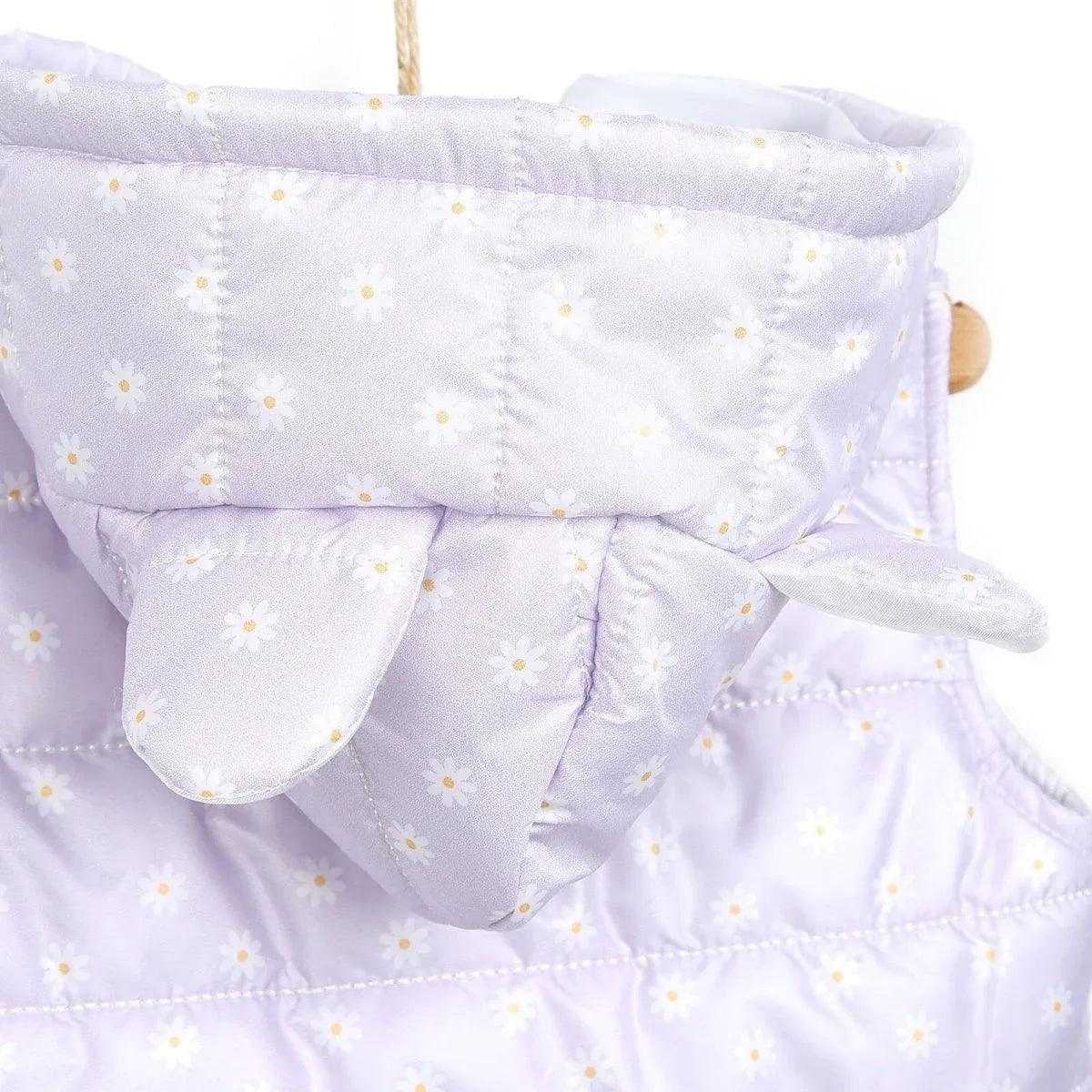 Lilac hooded baby vest back view with daisy print and padded seam panel