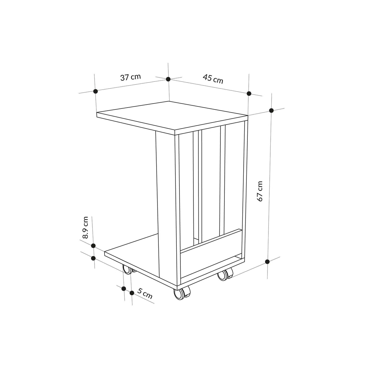 Modern side table size diagram: 45 cm wide, 67.9 cm high, 5 cm shelf