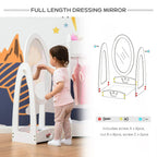 White full-length dressing mirror with oval frame and lower storage shelf for kids