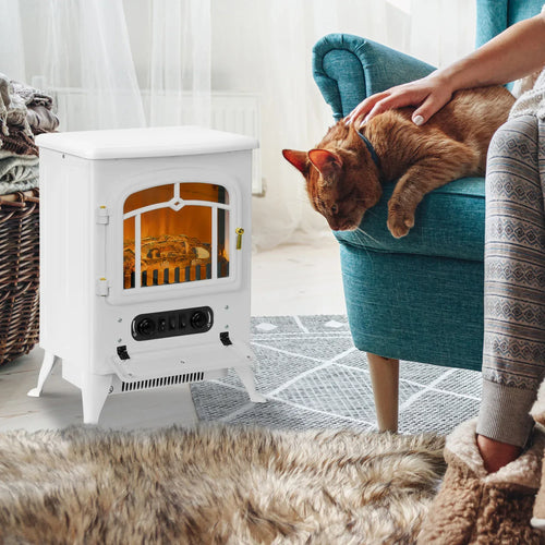 White freestanding electric stove fireplace with flame window and front control panel
