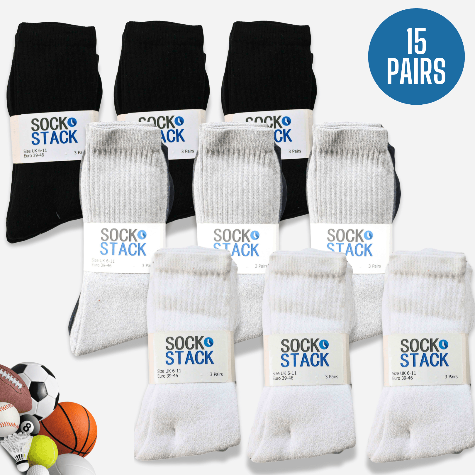 15 Pairs Mens Cotton Rich Performance Sport Socks Outdoor Athletics Running Hiking Football Black Grey White Sock Cushioned Anti-Blister Moisture-Wicking Breathable Comfortable UK 6-11