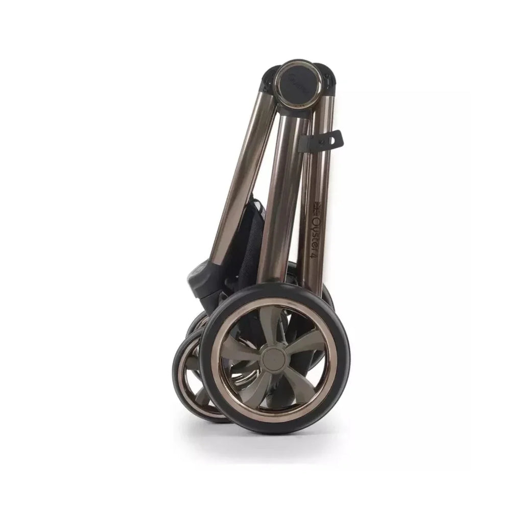 Single stroller rear frame and wheel with metallic arms and black hub accents