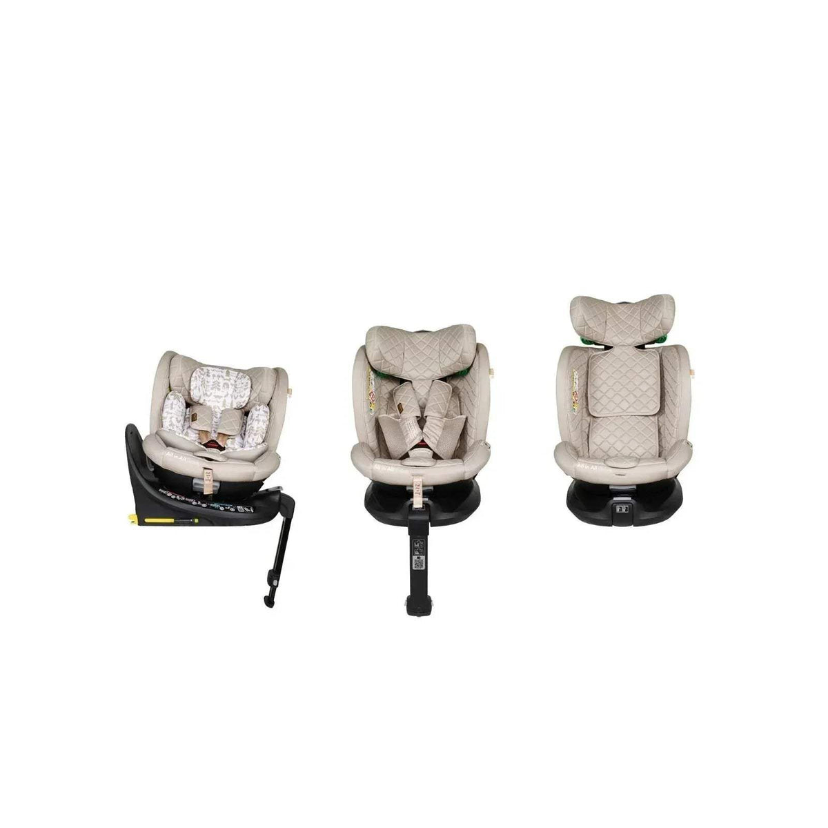 Beige car seat set shown from multiple angles, with animal-print headrest and black base