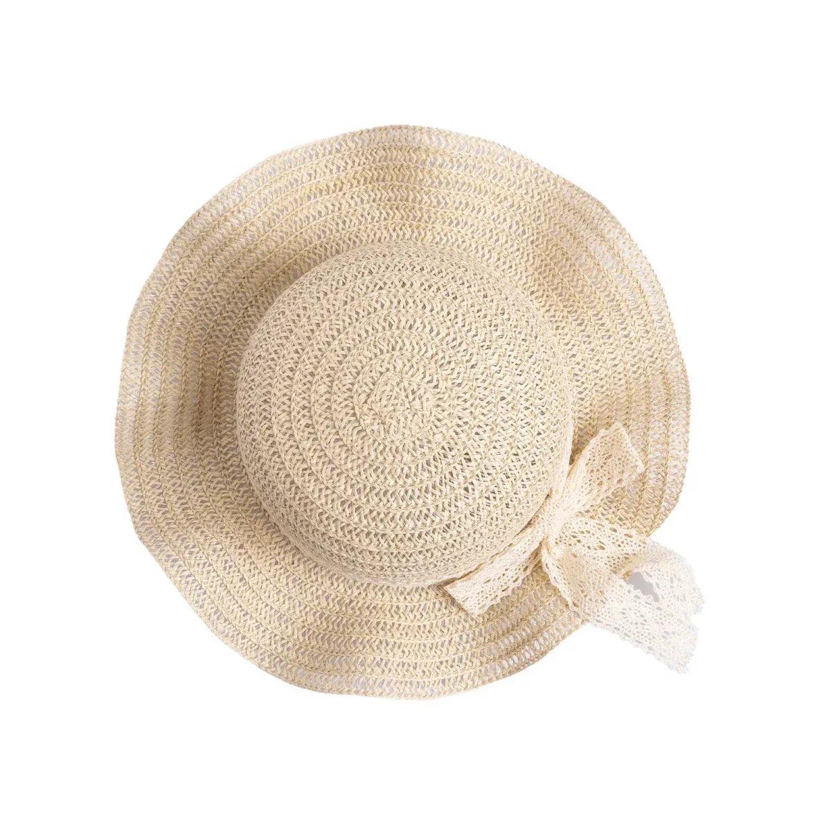 Ecru straw hat with curled brim edge and ribbon bow at the back