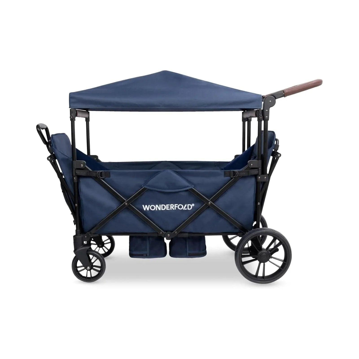 Sapphire navy quad stroller wagon with canopy, front pocket, and visible safety frame
