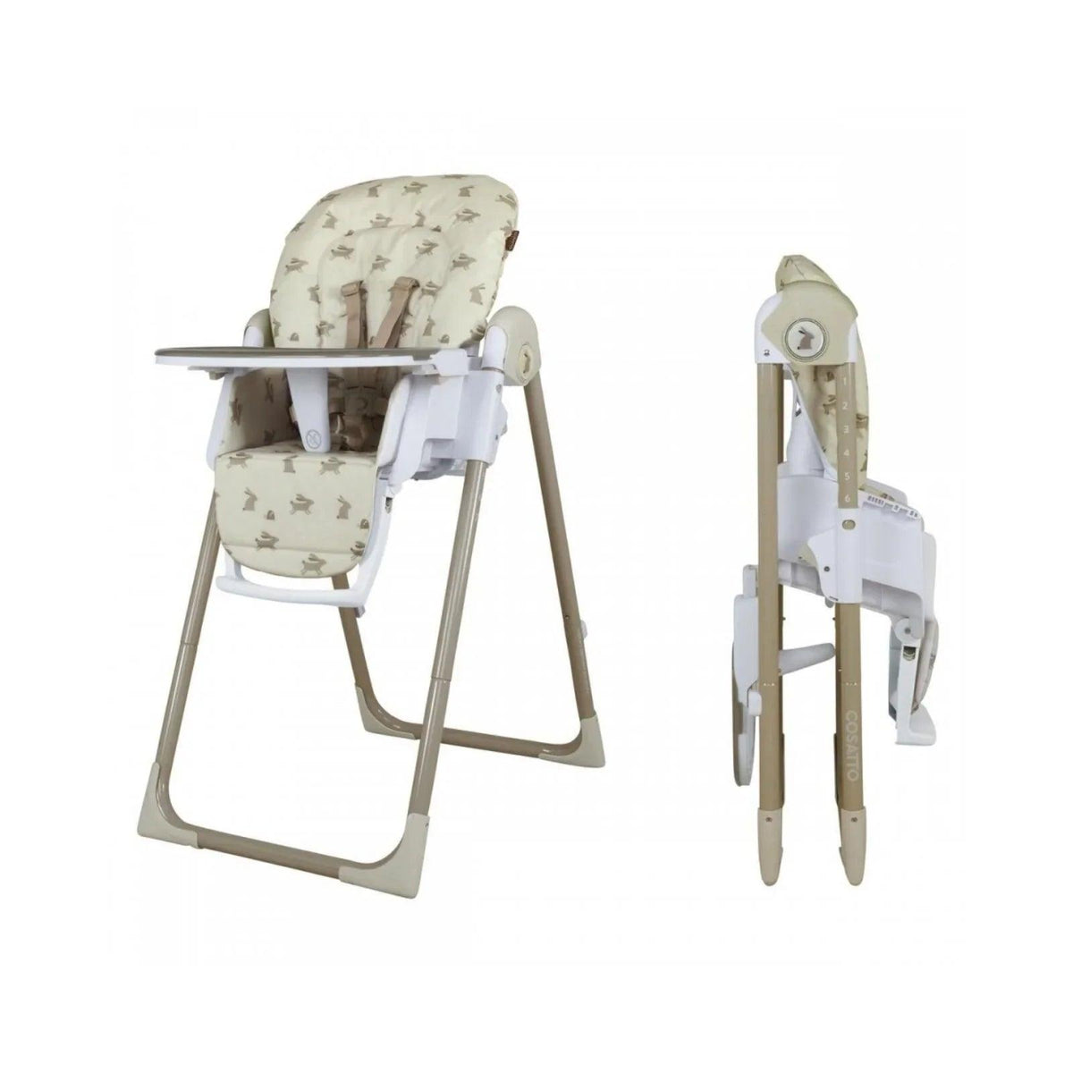 Baby highchair with cream animal print seat, white tray, and compact upright legs.