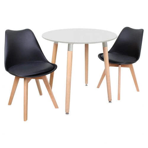 Round dining table with white top, light wood legs, and 2 black molded chairs