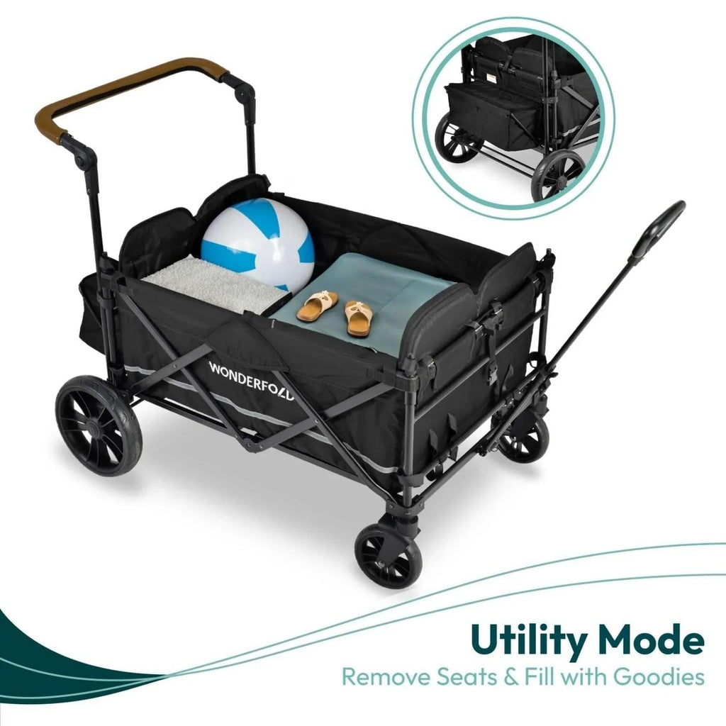 Dark navy quad stroller wagon with canopy, front seat view and 4-wheel frame