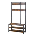 Free-standing coat rack bench with four top hooks and two wooden shoe shelves
