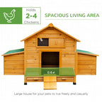 Wooden chicken coop with large open doorway, nesting box above, and green roof panel