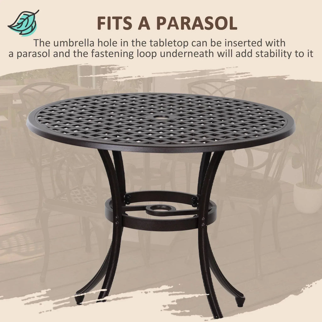 5 Pieces Garden Dining Set for 4, Cast Aluminium Outdoor Dining Set with 4 Armchairs and Round Dining Table with Parasol Hole, Garden Furniture Set, Brown - Bobobiy
