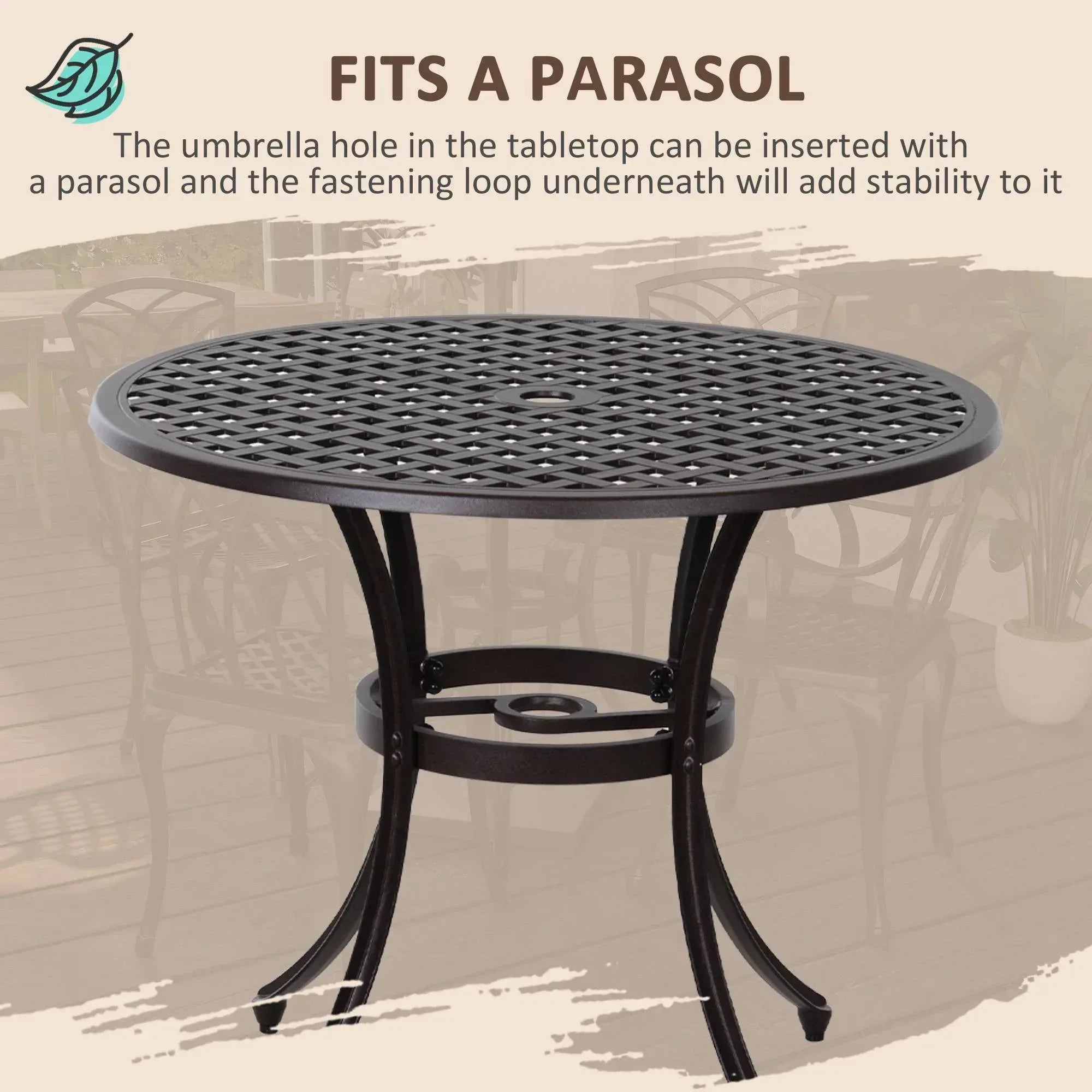 5 Pieces Garden Dining Set for 4, Cast Aluminium Outdoor Dining Set with 4 Armchairs and Round Dining Table with Parasol Hole, Garden Furniture Set, Brown - Bobobiy