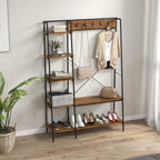 Clothes rail storage rack with side hooks, wooden shelves, shoes and coats on black frame