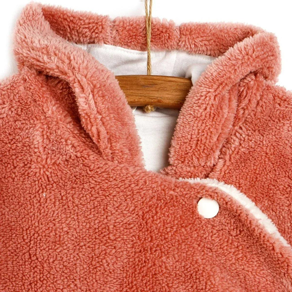 Terracotta teddy fleece hood with button placket and cream inner trim.