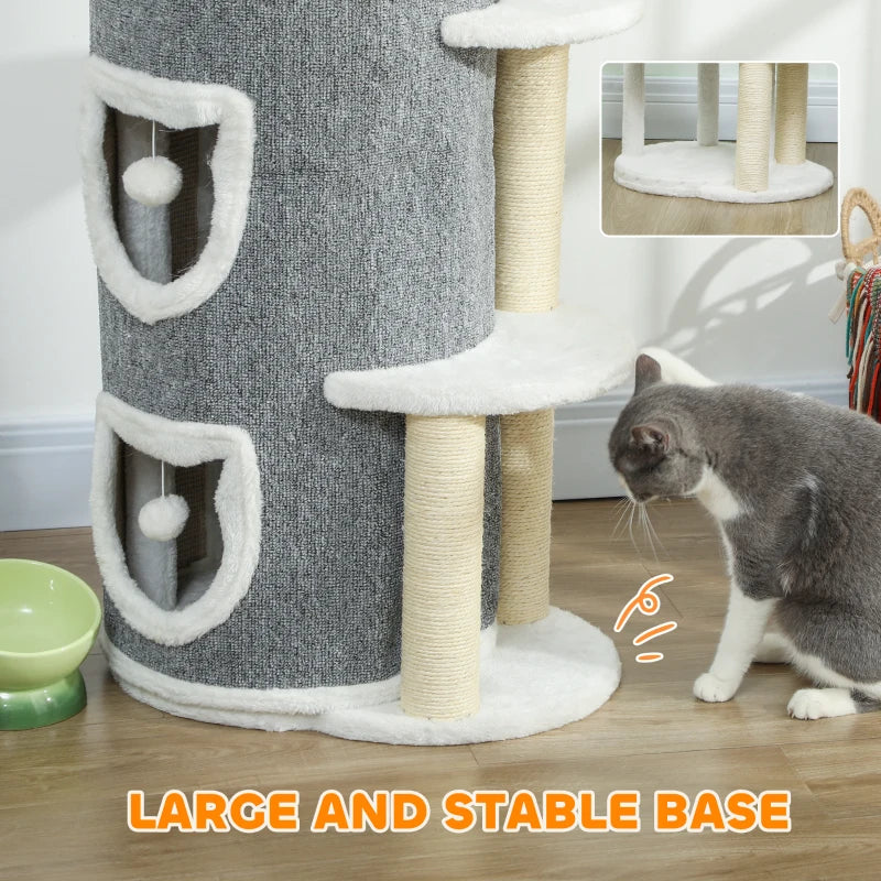 Gray cat tree with stable round base, sisal posts, and white perches with cat