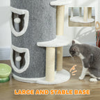 Gray cat tree with stable round base, sisal posts, and white perches with cat