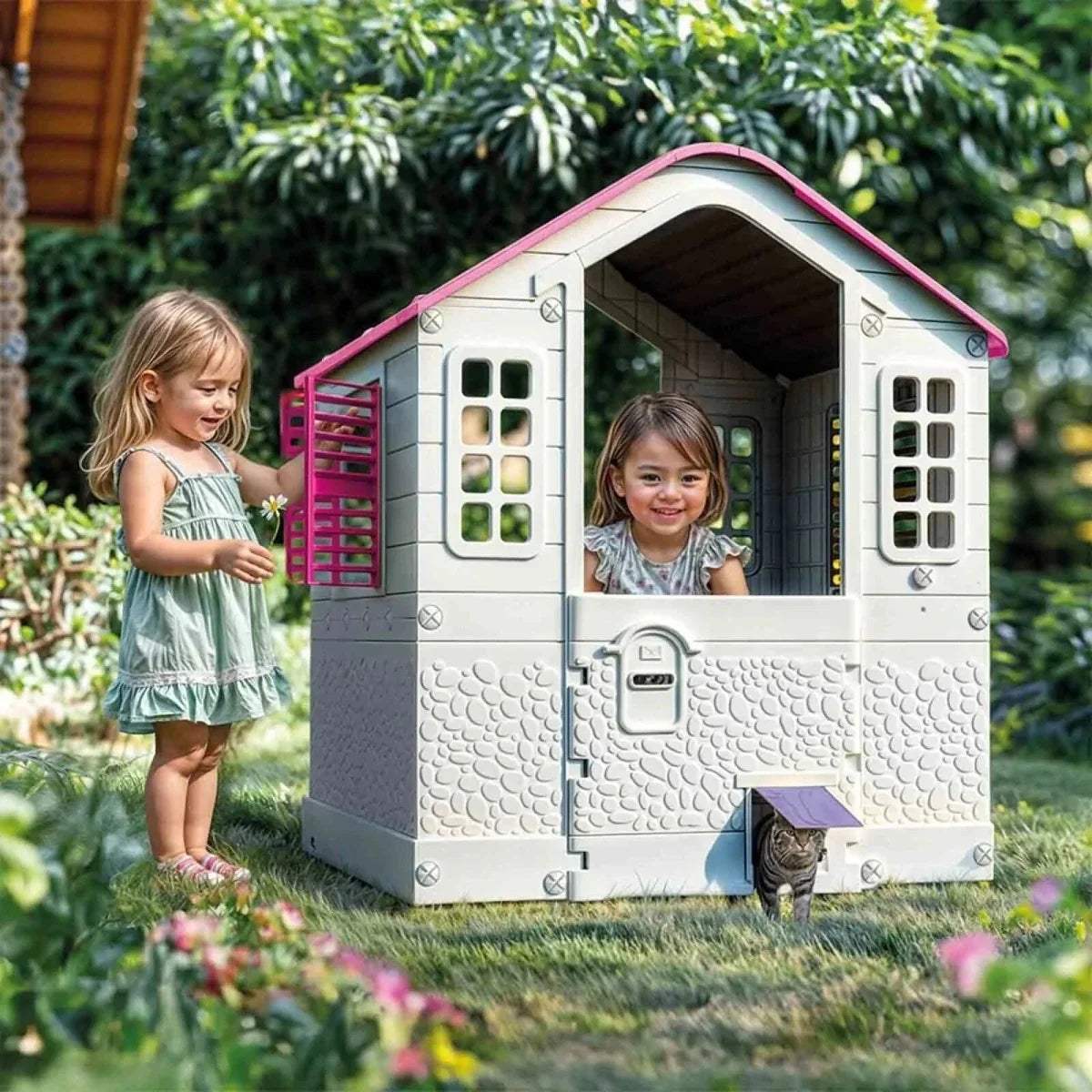 Pink-roof playhouse with kids at doorway and cat on ground