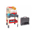Hape vehicle service and repair workbench with toy car and gray tool tray