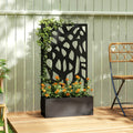 Black metal raised garden planter with trellis privacy screen on wooden patio