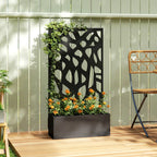 Black metal raised garden planter with trellis privacy screen on wooden patio