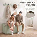 Light green hallway storage bench with removable cushion and wall coat hooks