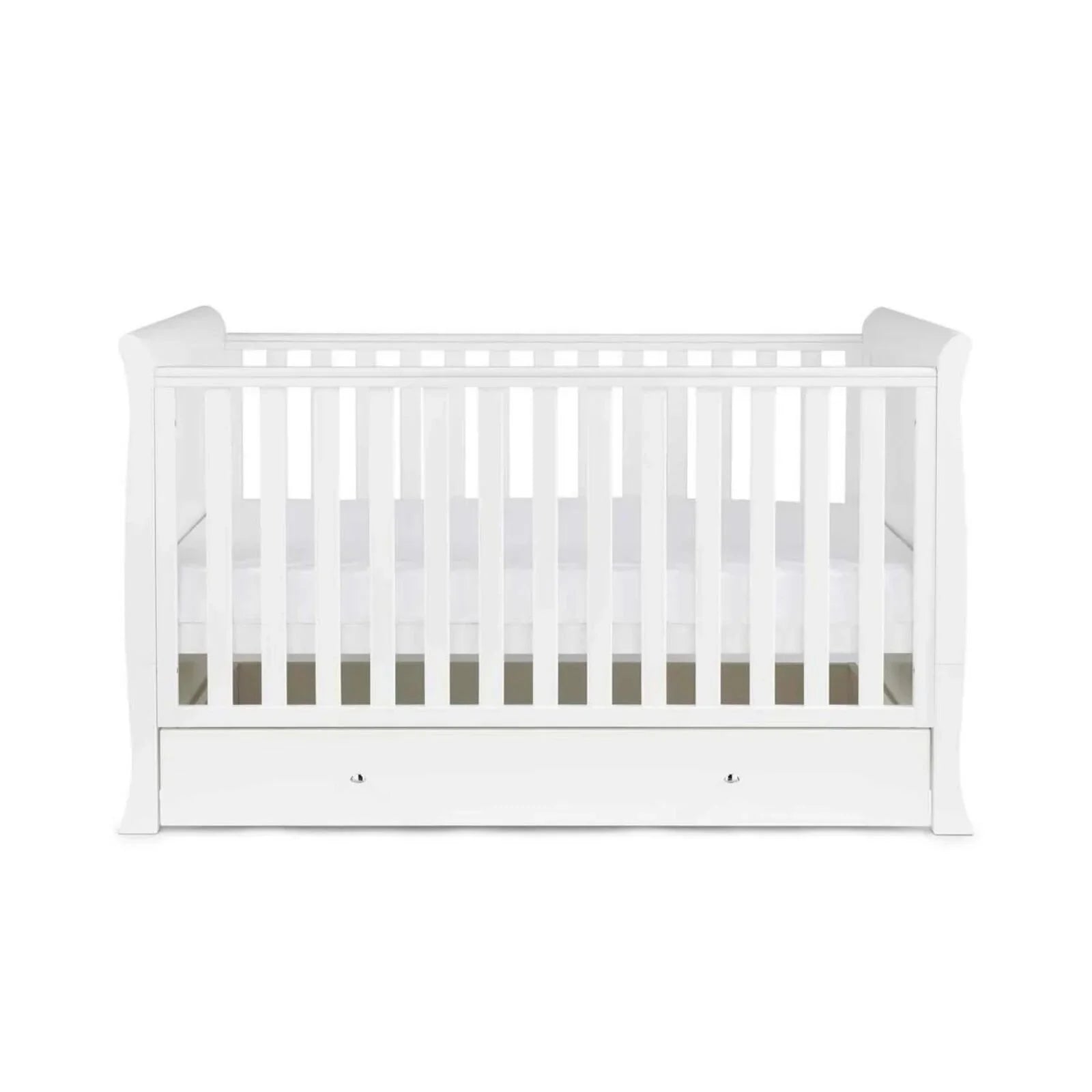 White cot bed with vertical slats and front drawer storage