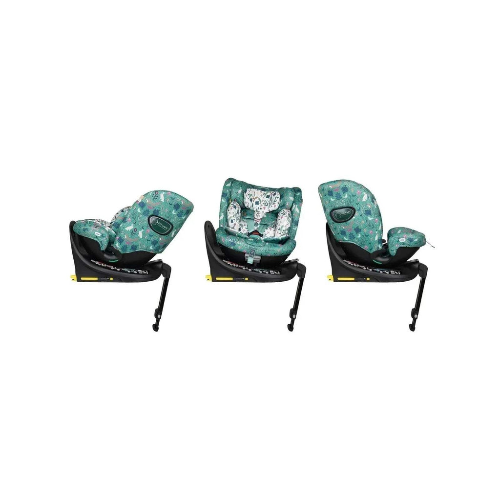 Green patterned infant car seat in three angles with rotating base foot