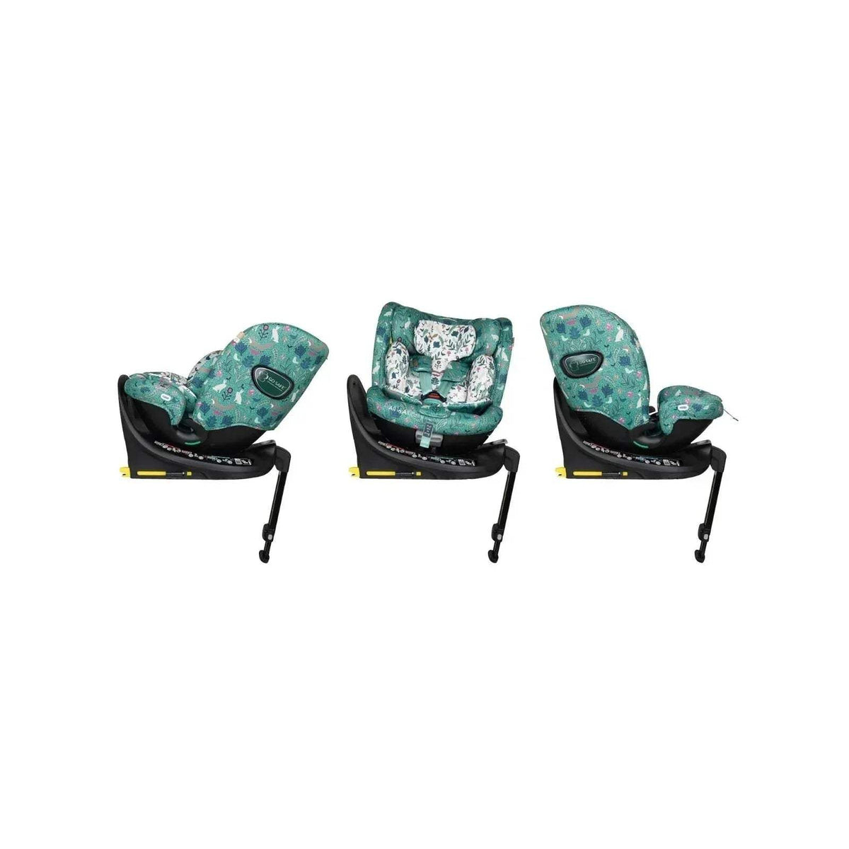 Green patterned infant car seat in three angles with rotating base foot