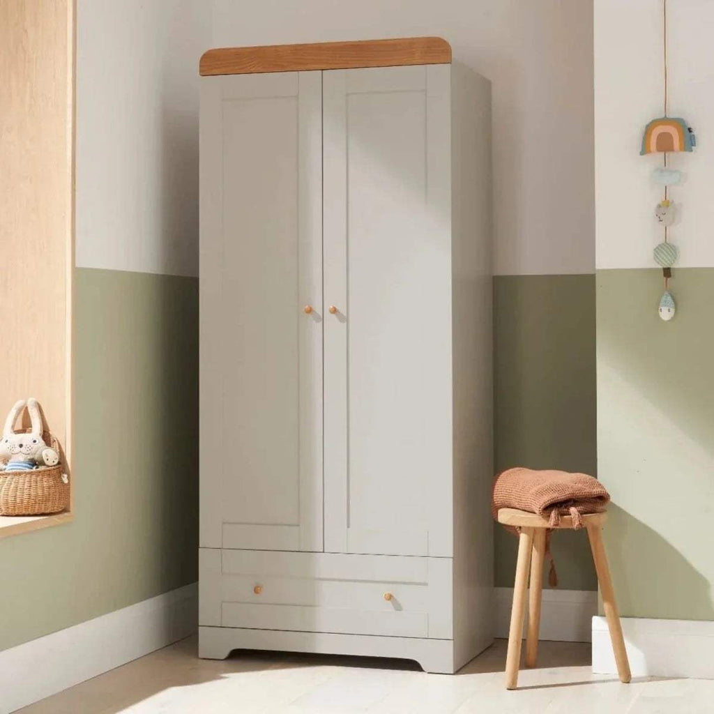 Kids wardrobe with two doors, dove grey finish and oak top rail