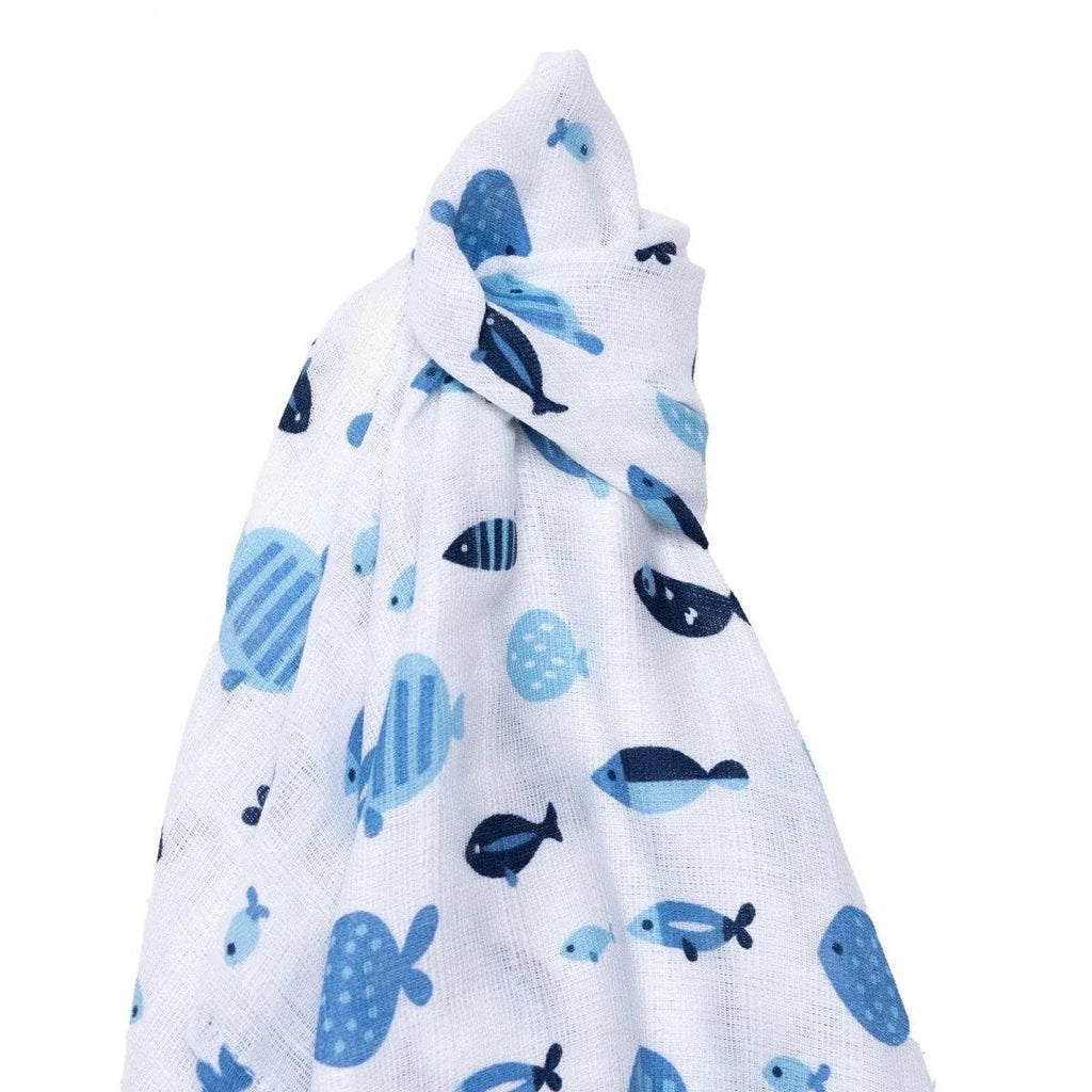 Blue muslin baby blanket draped view showing fish and sea creature print