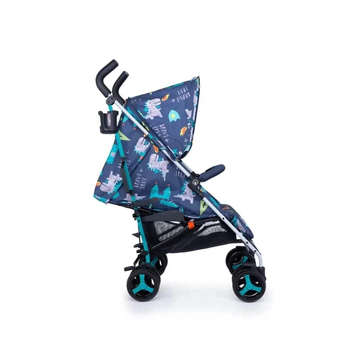 Dragon-themed stroller in side view, dark navy frame with teal wheel hubs and canopy
