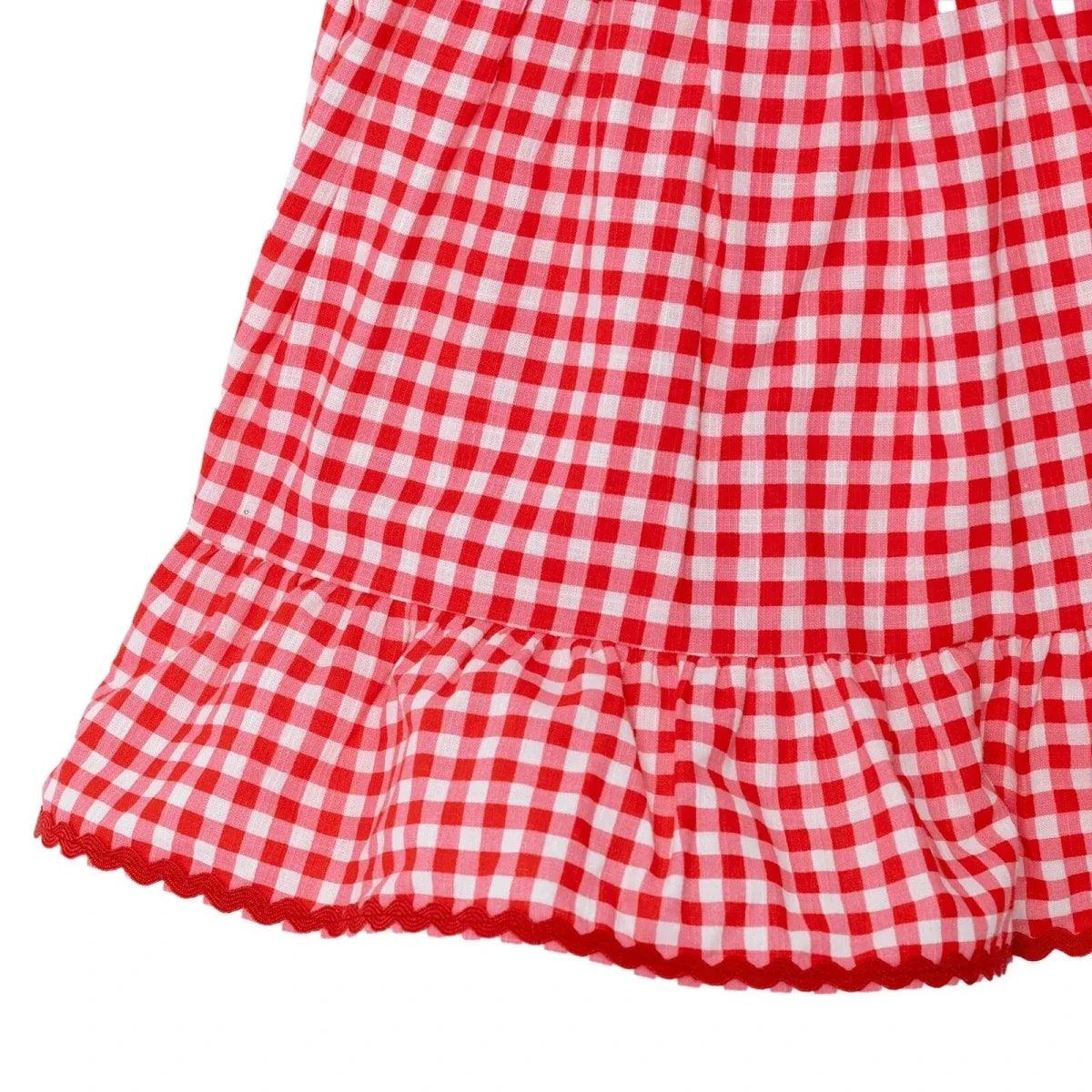 Pink gingham baby dress tiered hem with gathered ruffles and scalloped edge